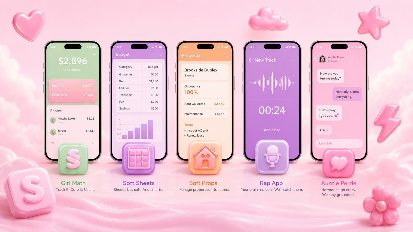 SoftStack apps shown side by side in glossy pastel iPhone mockups