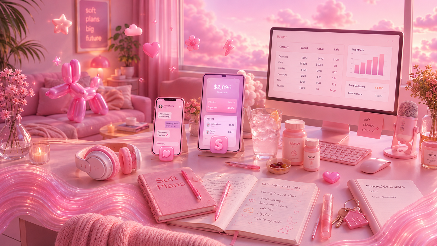 Cozy feminine workspace showing the lived-in world of a SoftStack user