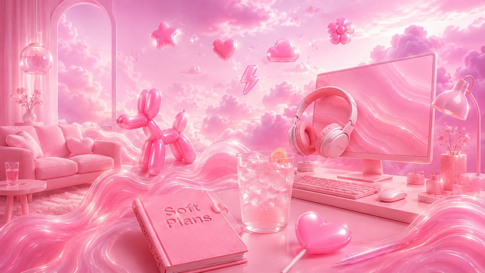 Dreamy SoftStack world with pink jelly objects and soft workspace imagery